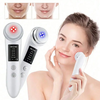 Modern beauty tech gadgets including LED masks, facial rollers, and skincare tools arranged aesthetically on a vanity