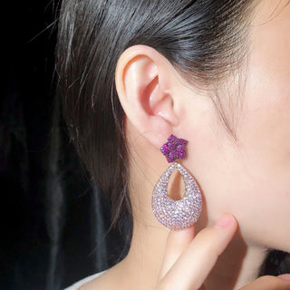 CWWZircons Flower CZ Long Dangle Drop Earrings for Women Bridal Elegant Red Pink Inlay Cubic Zirconia Summer Party Jewelry E0416