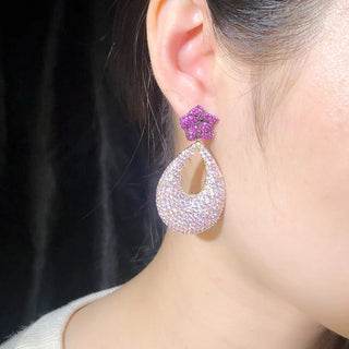 CWWZircons Flower CZ Long Dangle Drop Earrings for Women Bridal Elegant Red Pink Inlay Cubic Zirconia Summer Party Jewelry E0416