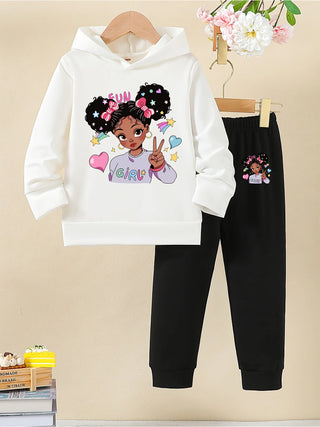 Girls Cartoon Printed Hoodies Set