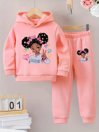 Girls Cartoon Printed Hoodies Set