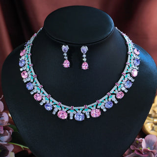 ThreeGraces Delicate Shiny Pink Purple Zirconia Green Enamel Luxury Bridal Wedding Prom Jewelry Set for Women Accessories T1070