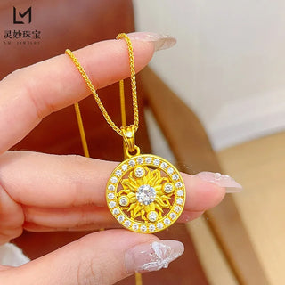 24K Gold Round Flower Pendant Necklace for Women