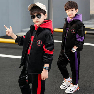 Boys Double-sided Velvet Sets Children Fashion Hooded Suit Kids Autumn Winter Jackets+Pants 2Pcs Outfits Teenager Casual Clothes
