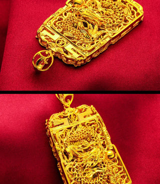24K Gold Vintage Dragon Square Pendant Necklace