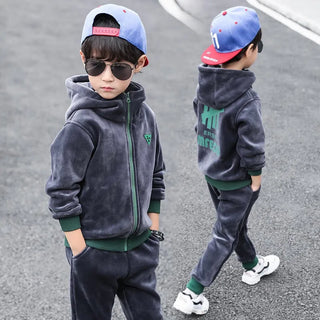 Boys Double-sided Velvet Sets Children Fashion Hooded Suit Kids Autumn Winter Jackets+Pants 2Pcs Outfits Teenager Casual Clothes