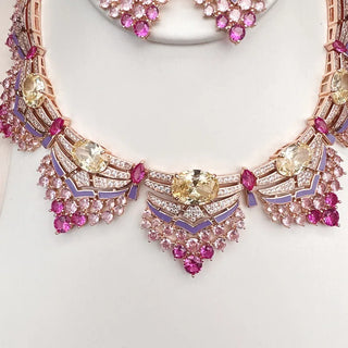 Designer Luxury Party Necklace Earrings Women Lady Inlay AAA Pink Yellow Cubic Zircon Enamel Tassels Pendant Jewelry Sets