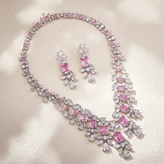 EYER Luxurious Fashion Fine Jewelry Sets For Women Lady Inlay AAA Cubic Zirconia Sweet Pink Color Water Drop Necklace Earrings