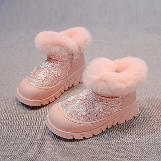 Faux Fur Winter Boots For Girls Trend Fashion Glitter Kid's Snow Boots Thick Warm Plush Warm Children's Cotton Shoes Velvet Shoe