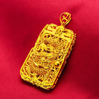 24K Gold Vintage Dragon Square Pendant Necklace