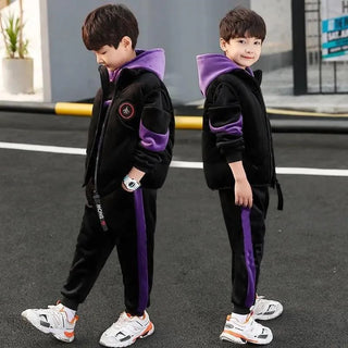 Boys Double-sided Velvet Sets Children Fashion Hooded Suit Kids Autumn Winter Jackets+Pants 2Pcs Outfits Teenager Casual Clothes
