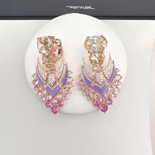 Designer Luxury Party Necklace Earrings Women Lady Inlay AAA Pink Yellow Cubic Zircon Enamel Tassels Pendant Jewelry Sets