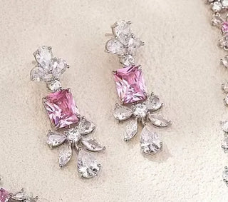 EYER Luxurious Fashion Fine Jewelry Sets For Women Lady Inlay AAA Cubic Zirconia Sweet Pink Color Water Drop Necklace Earrings