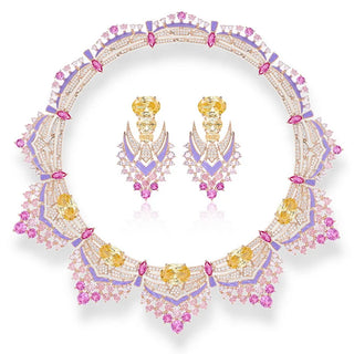 Designer Luxury Party Necklace Earrings Women Lady Inlay AAA Pink Yellow Cubic Zircon Enamel Tassels Pendant Jewelry Sets