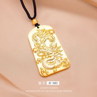 24K Gold Dragon Zodiac Pendant with Black Rope for Men