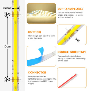 Led Strip COB 220V High Brightness 5m 10m 20m 50m Flexible Light Tape with IC Rectifier 230V 240V AC 240LED/m Linear Lighting