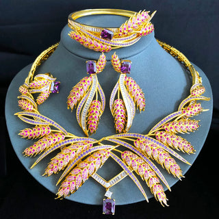 GODKI New Trendy 4PCS Ear of Wheat African Jewelry Set For Women Wedding Party Cubic Zirconia Dubai Bridal Jewelry Indian