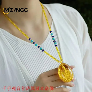 Golden Amber Avalokitesvara Bodhisattva Zodiac Pendant Necklace