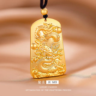 24K Gold Dragon Zodiac Pendant with Black Rope for Men