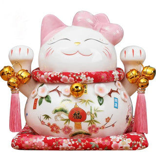 Japanese Ceramic Maneki Neko Lucky Cat Statue Porcelain Pink Fortune Cat Money Box Auspicious Fengshui Ornament Home Decoration