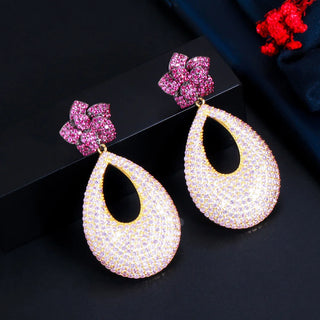 CWWZircons Flower CZ Long Dangle Drop Earrings for Women Bridal Elegant Red Pink Inlay Cubic Zirconia Summer Party Jewelry E0416