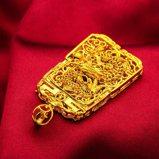 24K Gold Vintage Dragon Square Pendant Necklace