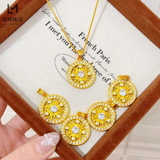 24K Gold Round Flower Pendant Necklace for Women