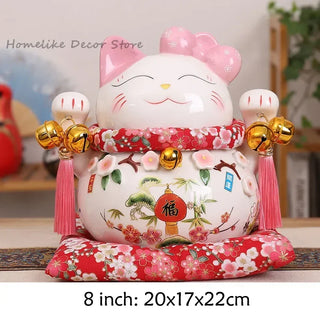 Japanese Ceramic Maneki Neko Lucky Cat Statue Porcelain Pink Fortune Cat Money Box Auspicious Fengshui Ornament Home Decoration