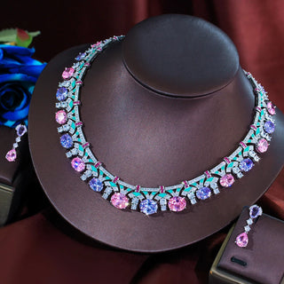 ThreeGraces Delicate Shiny Pink Purple Zirconia Green Enamel Luxury Bridal Wedding Prom Jewelry Set for Women Accessories T1070