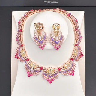 Designer Luxury Party Necklace Earrings Women Lady Inlay AAA Pink Yellow Cubic Zircon Enamel Tassels Pendant Jewelry Sets