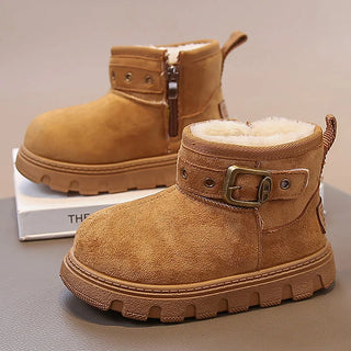 PU Leather Plush Boots For Children 2025 Vintage Teenager Kid's Snow Boots Thick Warm Faux Fur Cotton Shoes Casual Warm Boots