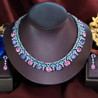 ThreeGraces Delicate Shiny Pink Purple Zirconia Green Enamel Luxury Bridal Wedding Prom Jewelry Set for Women Accessories T1070