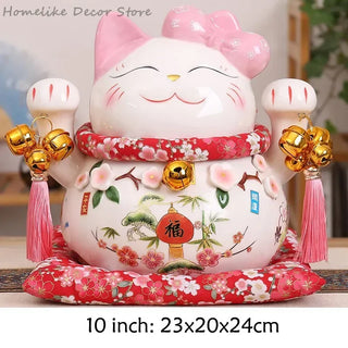 Japanese Ceramic Maneki Neko Lucky Cat Statue Porcelain Pink Fortune Cat Money Box Auspicious Fengshui Ornament Home Decoration