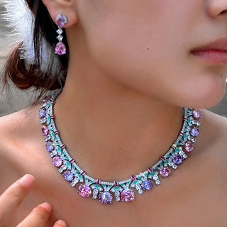 ThreeGraces Delicate Shiny Pink Purple Zirconia Green Enamel Luxury Bridal Wedding Prom Jewelry Set for Women Accessories T1070