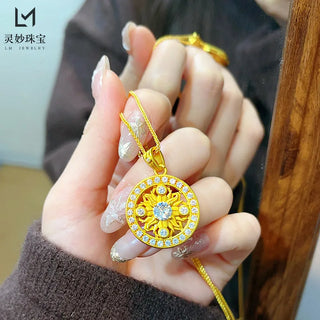 24K Gold Round Flower Pendant Necklace for Women