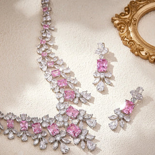 EYER Luxurious Fashion Fine Jewelry Sets For Women Lady Inlay AAA Cubic Zirconia Sweet Pink Color Water Drop Necklace Earrings