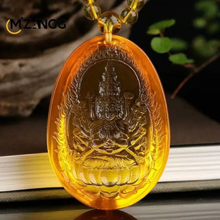Golden Amber Avalokitesvara Bodhisattva Zodiac Pendant Necklace