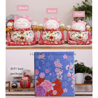 Japanese Ceramic Maneki Neko Lucky Cat Statue Porcelain Pink Fortune Cat Money Box Auspicious Fengshui Ornament Home Decoration