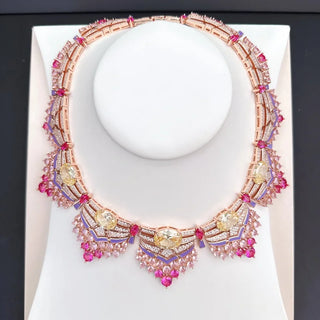 Designer Luxury Party Necklace Earrings Women Lady Inlay AAA Pink Yellow Cubic Zircon Enamel Tassels Pendant Jewelry Sets