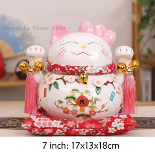 Japanese Ceramic Maneki Neko Lucky Cat Statue Porcelain Pink Fortune Cat Money Box Auspicious Fengshui Ornament Home Decoration