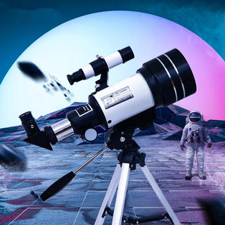 Modern telescopes set up outdoors under the night sky with stars and moon in the background