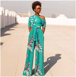 One-shoulder Short-sleeved Wide-leg Jumpsuit