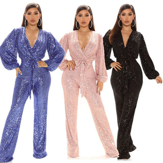 Women's Sequined Deep V-neck Jumpsuit