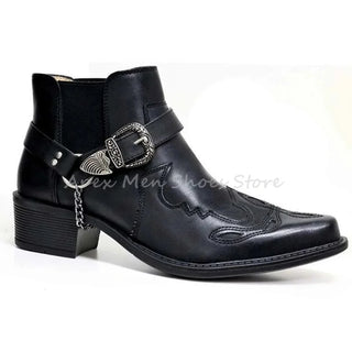Designer Chain Embellished Men's Ankle Boots Vintage Buckle Strap Cutout Thick Heel Chelsea Boots Casual Cowboy Botas Winter