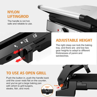 Panini Grill Press,Sandwich Maker Press,Contact Grill, 1600W Non-Stick Grill, 60-Minute Timer, 180 Degrees Opening