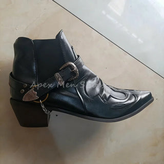 Designer Chain Embellished Men's Ankle Boots Vintage Buckle Strap Cutout Thick Heel Chelsea Boots Casual Cowboy Botas Winter