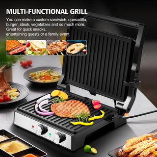 Panini Grill Press,Sandwich Maker Press,Contact Grill, 1600W Non-Stick Grill, 60-Minute Timer, 180 Degrees Opening