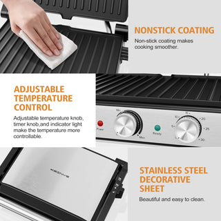 Panini Grill Press,Sandwich Maker Press,Contact Grill, 1600W Non-Stick Grill, 60-Minute Timer, 180 Degrees Opening