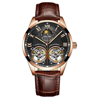 AILANG Double Tourbillon Design Business Men Mechanical Watch Fashion Leather Moon Phase Automatic Watches for Mens Reloj Hombre