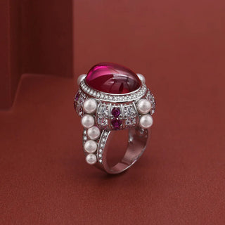 Oval Ruby Pearls Wedding Engagement Ring